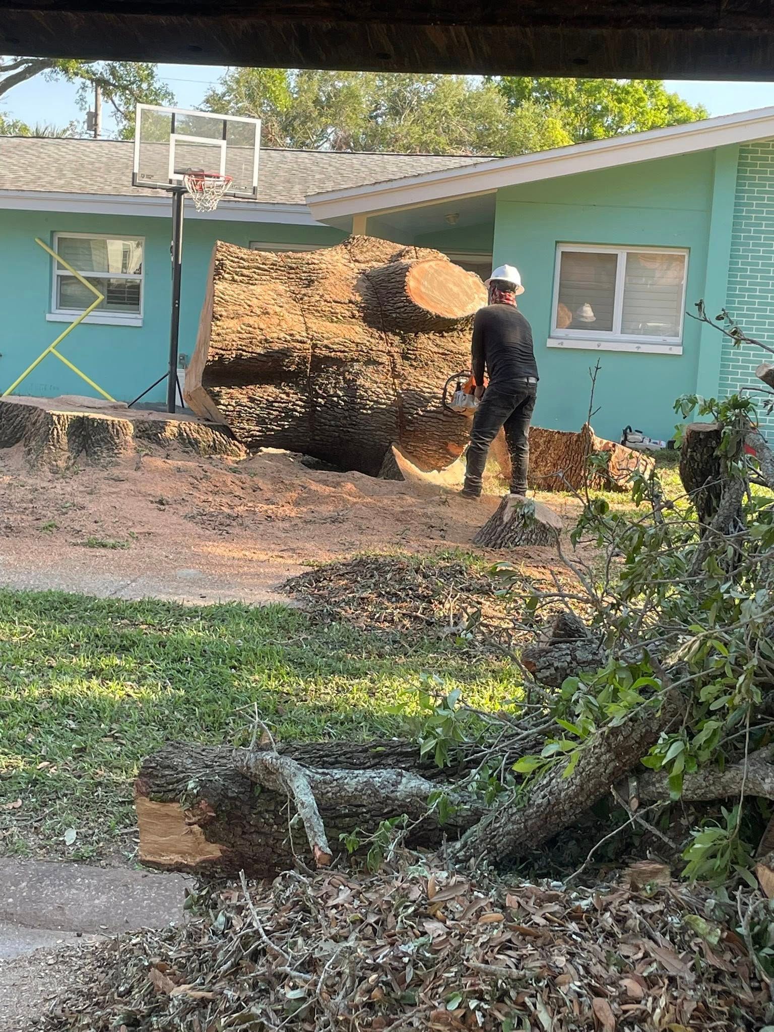 Person in dark clothing raking a large leaf pile beside a blue house in a yard.