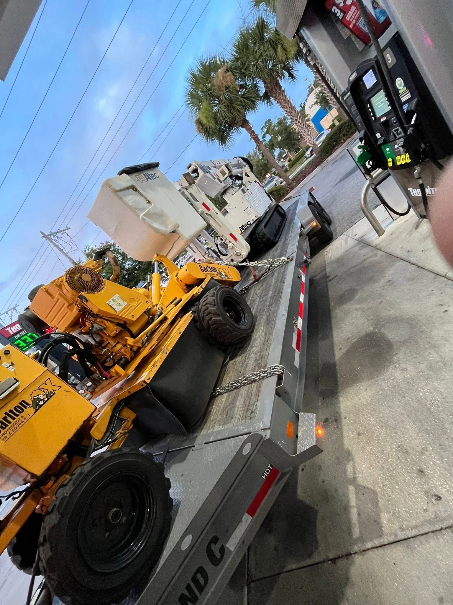 Yellow construction equipment parked on a city sidewalk beside a tree and a utility truck