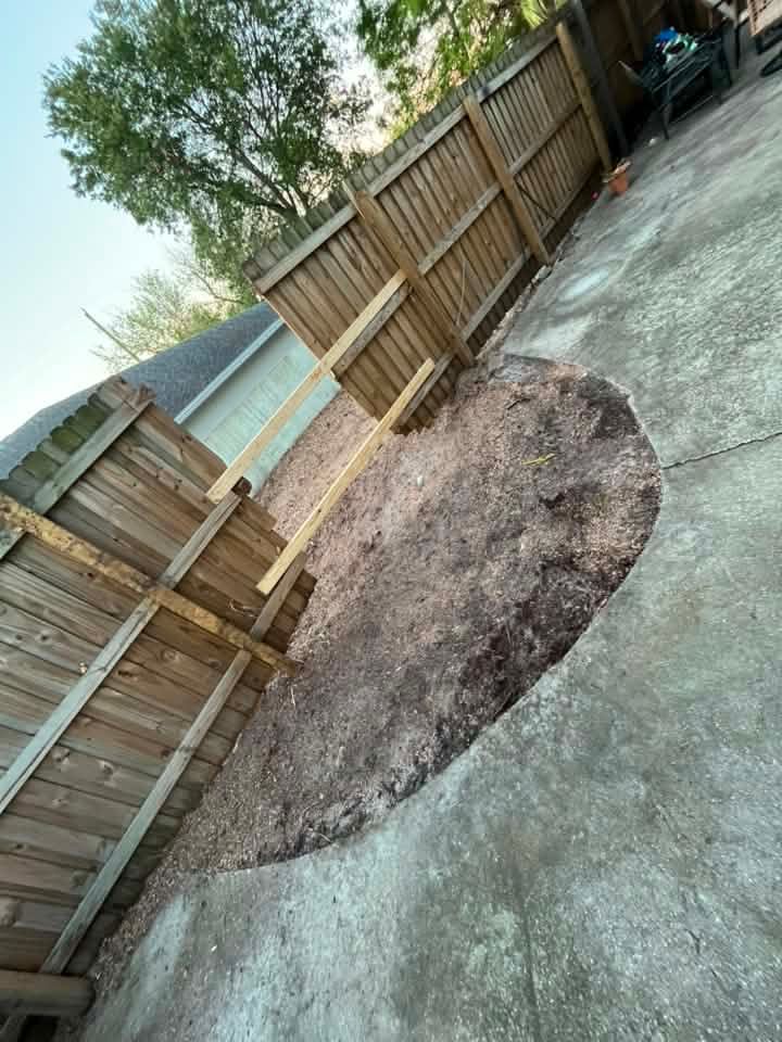 Curved wooden fence around a dirt patch on a concrete patio at dusk