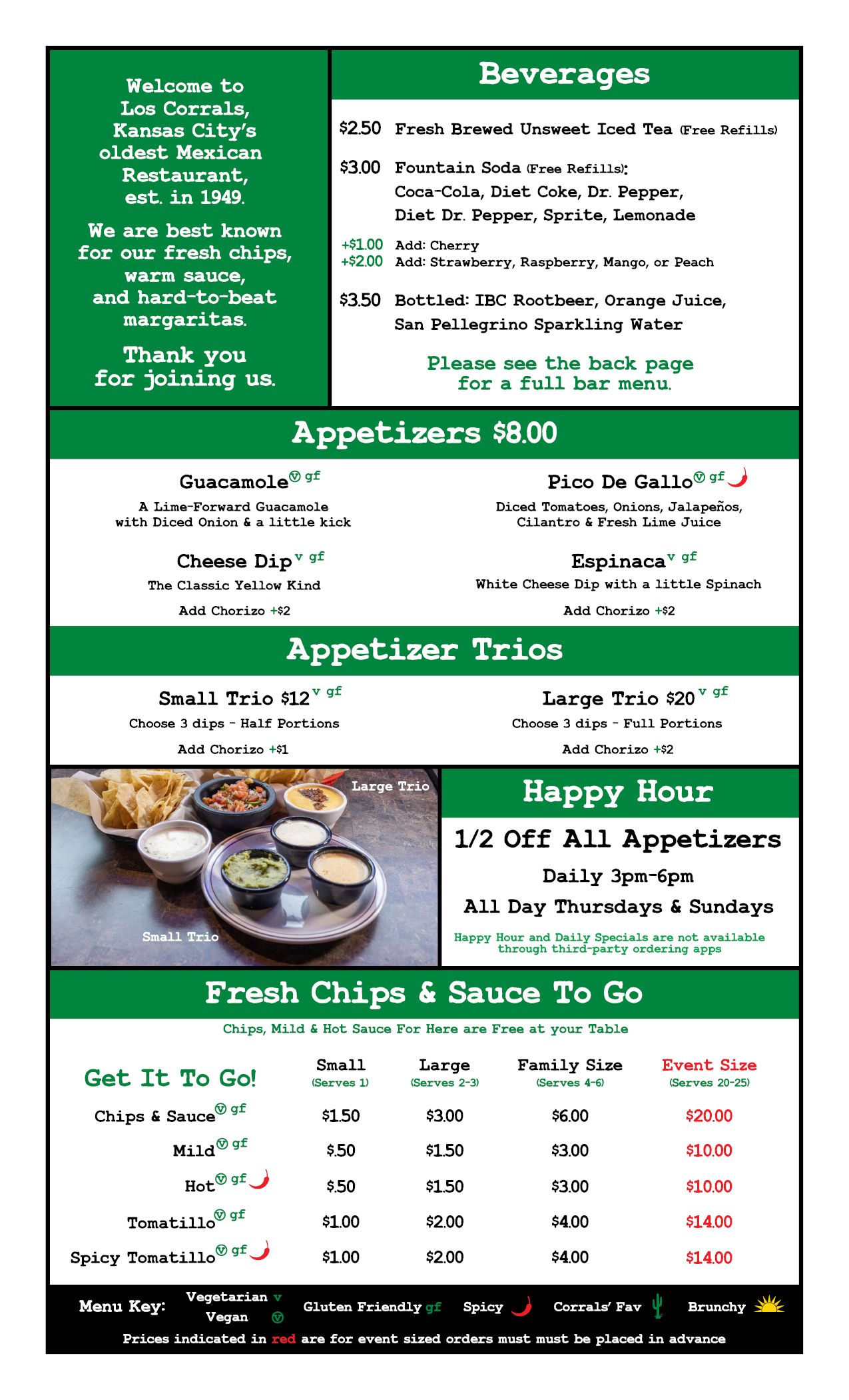 Restaurant menu page 1  with food and dip options, pricing, and descriptions.