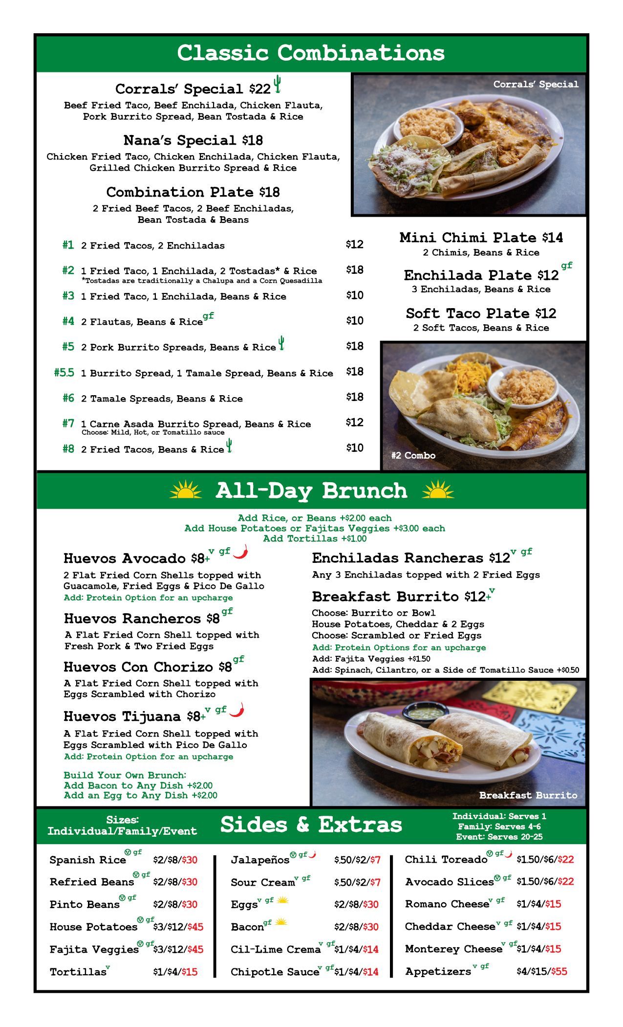 Menu with food combinations, all-day brunch, and sides.