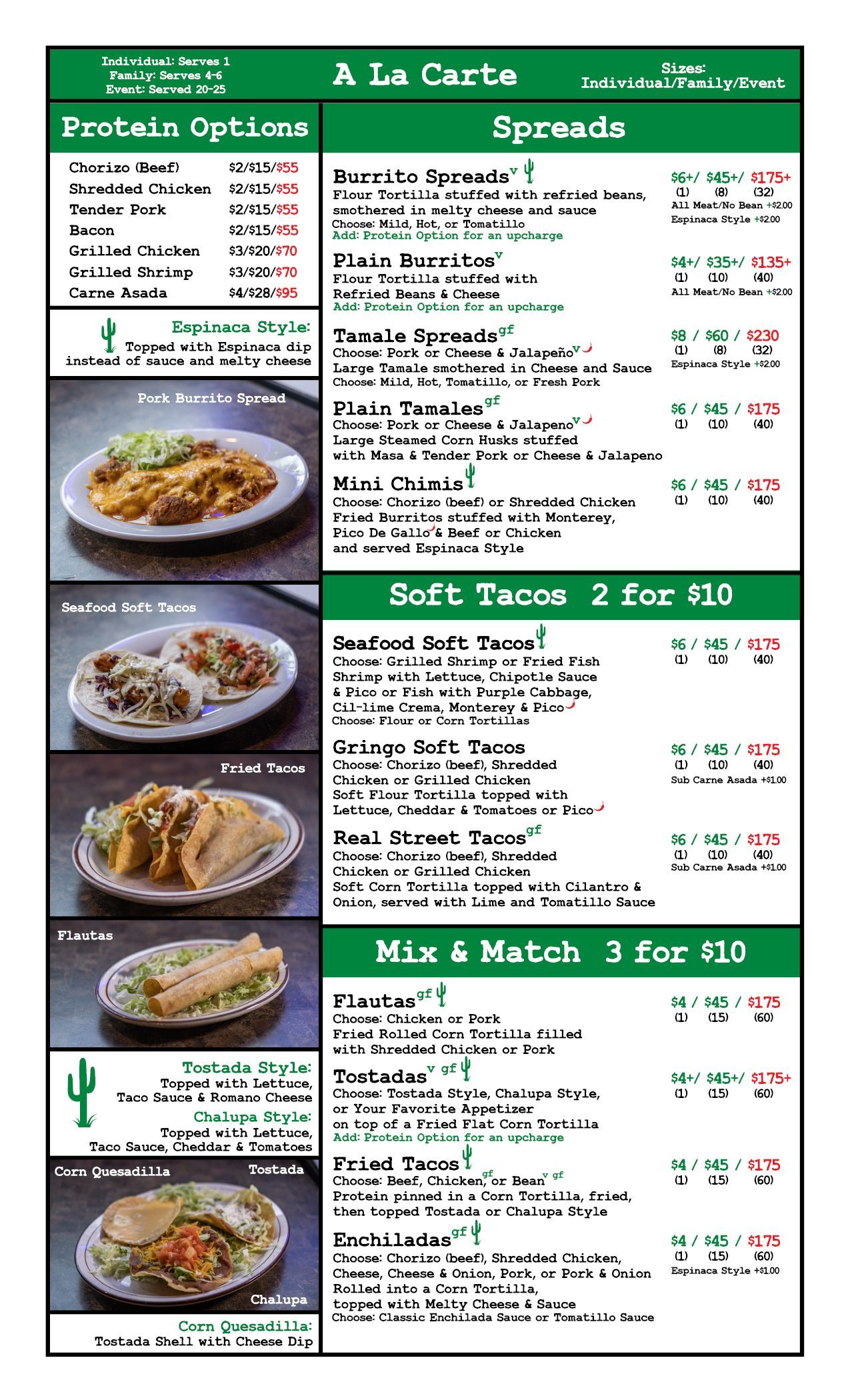 Menu with A La Carte options, Protein Options, photos of Mexican food items, and pricing.