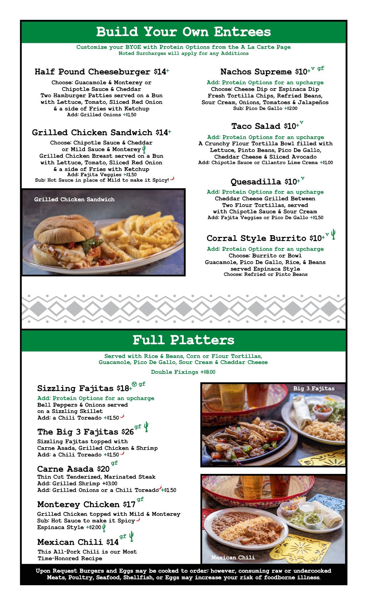 Menu with build-your-own-entrees and full platters, including photos of food.