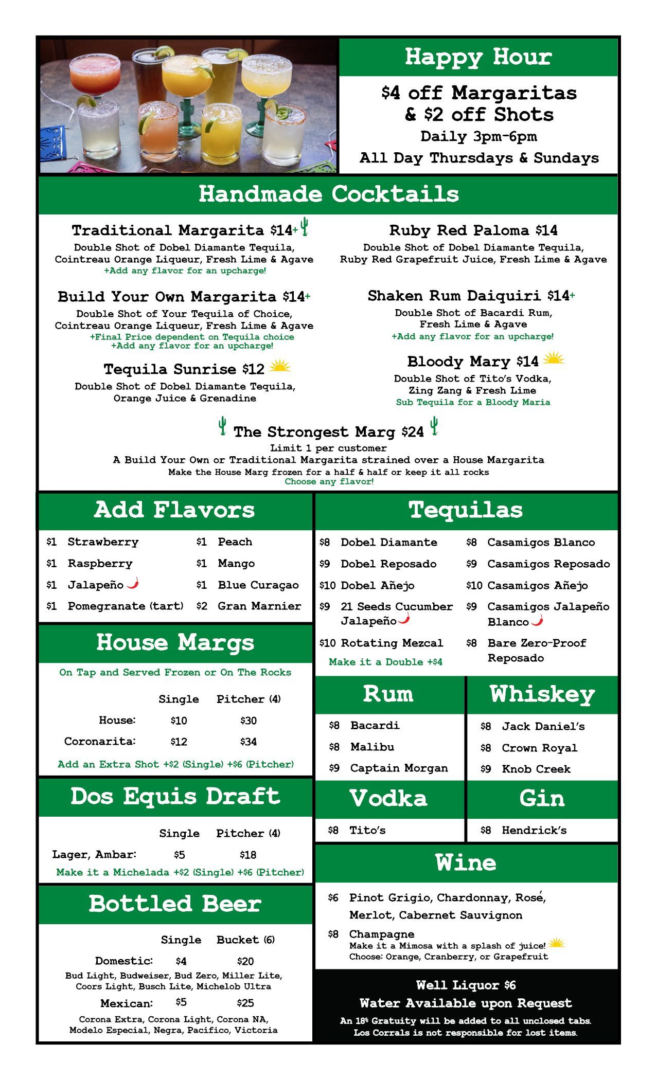 Cocktail menu with drink options and prices as well as happy hour information and drink photos. 