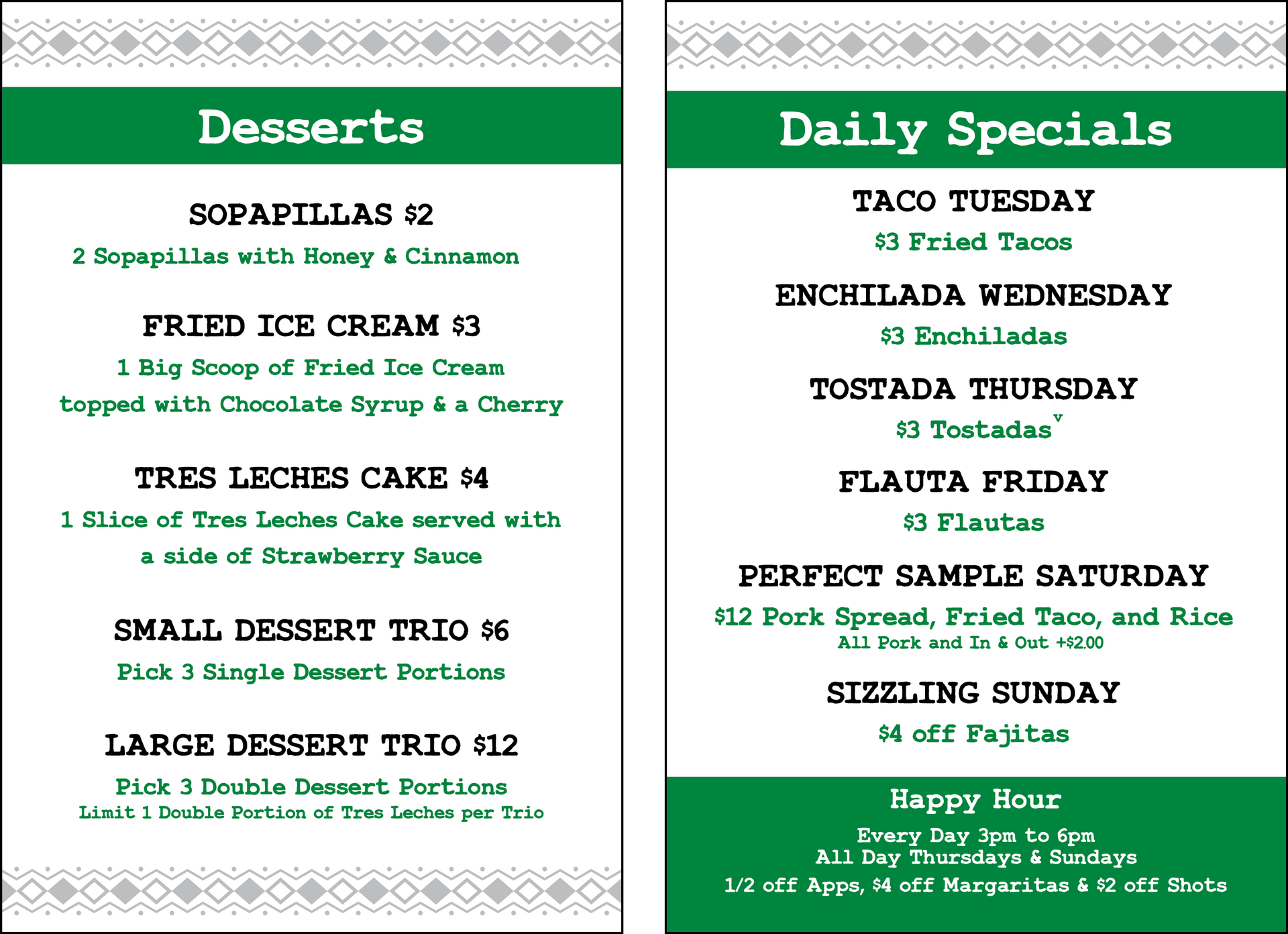 A green and white restaurant menu featuring a list of desserts on the left and daily specials on the right.