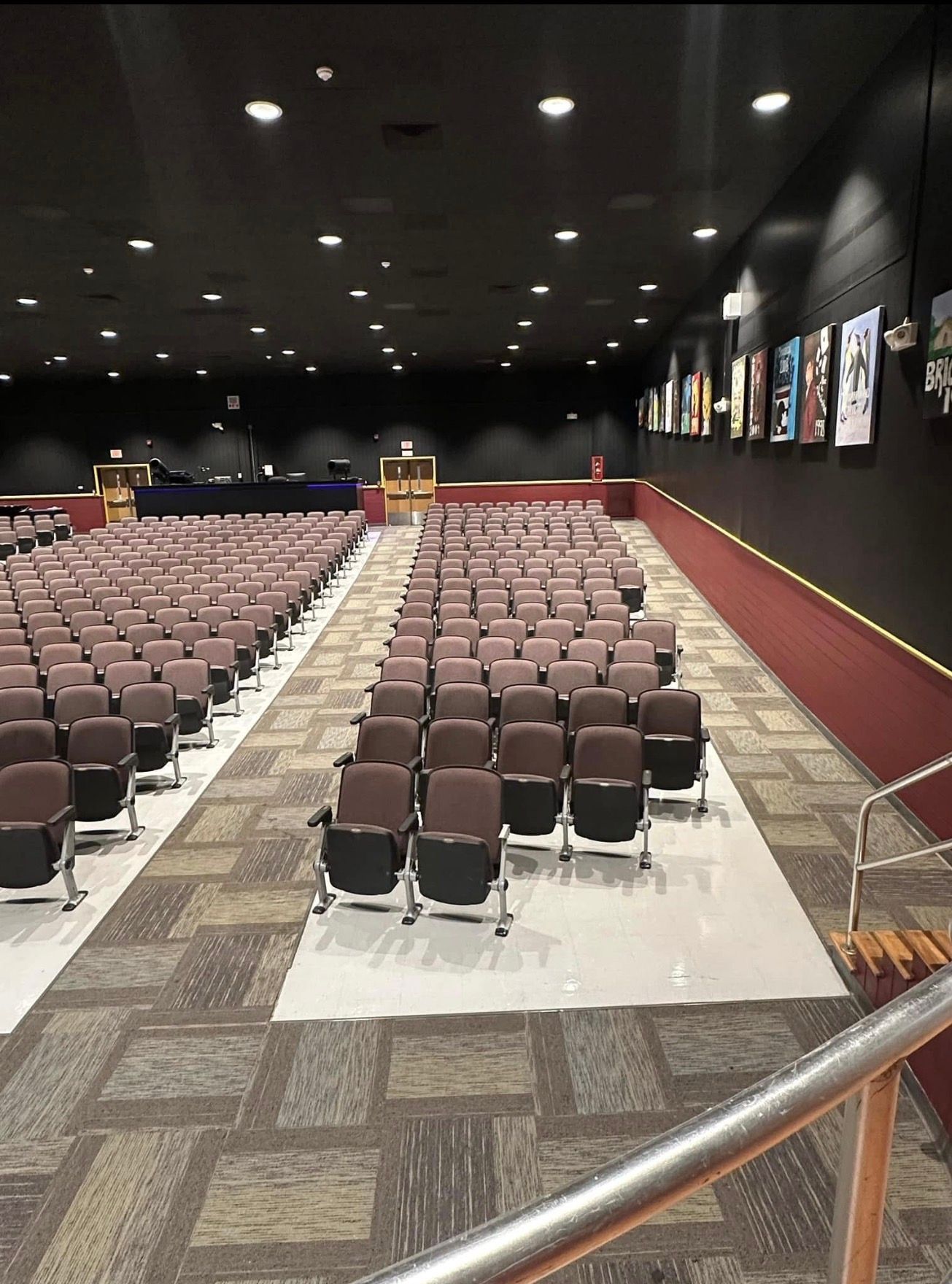 Rows of brown theater seats in a large auditorium with dark walls and carpeted flooring.
