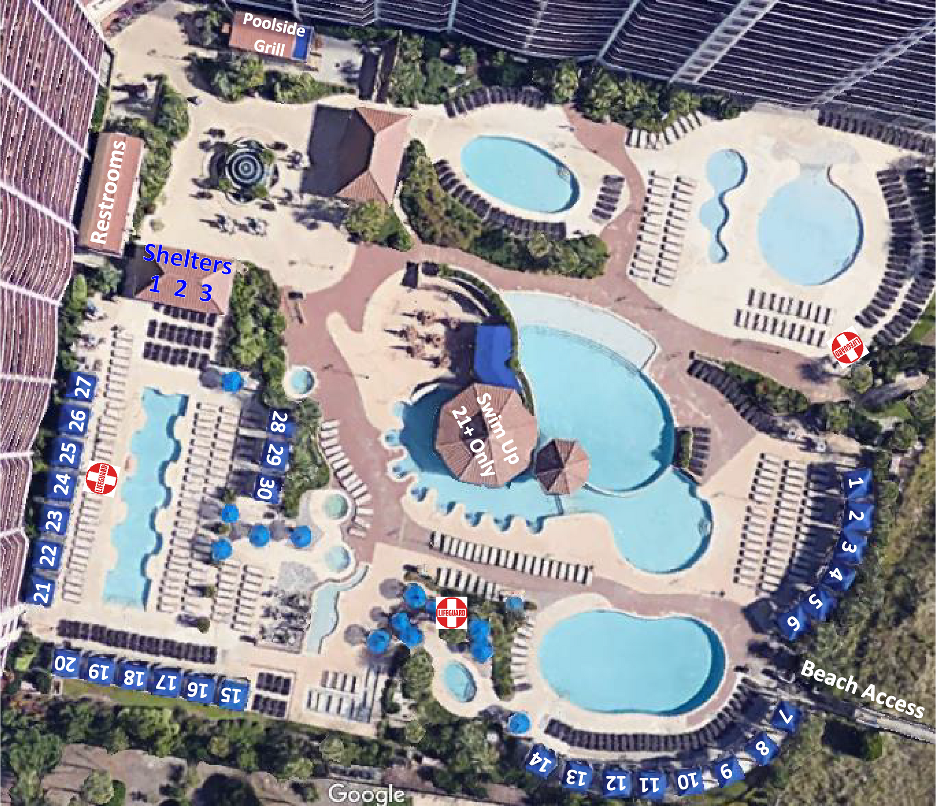 Aerial view of a resort pool area with several blue pools, lounge chairs, umbrellas, and palm trees