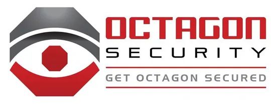 Logo for Octagon Security, featuring an eye composed of octagons in red and gray, with the company name and tagline.