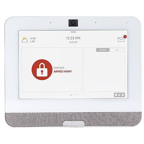 White security system control panel, displays system armed, clock, weather, camera.