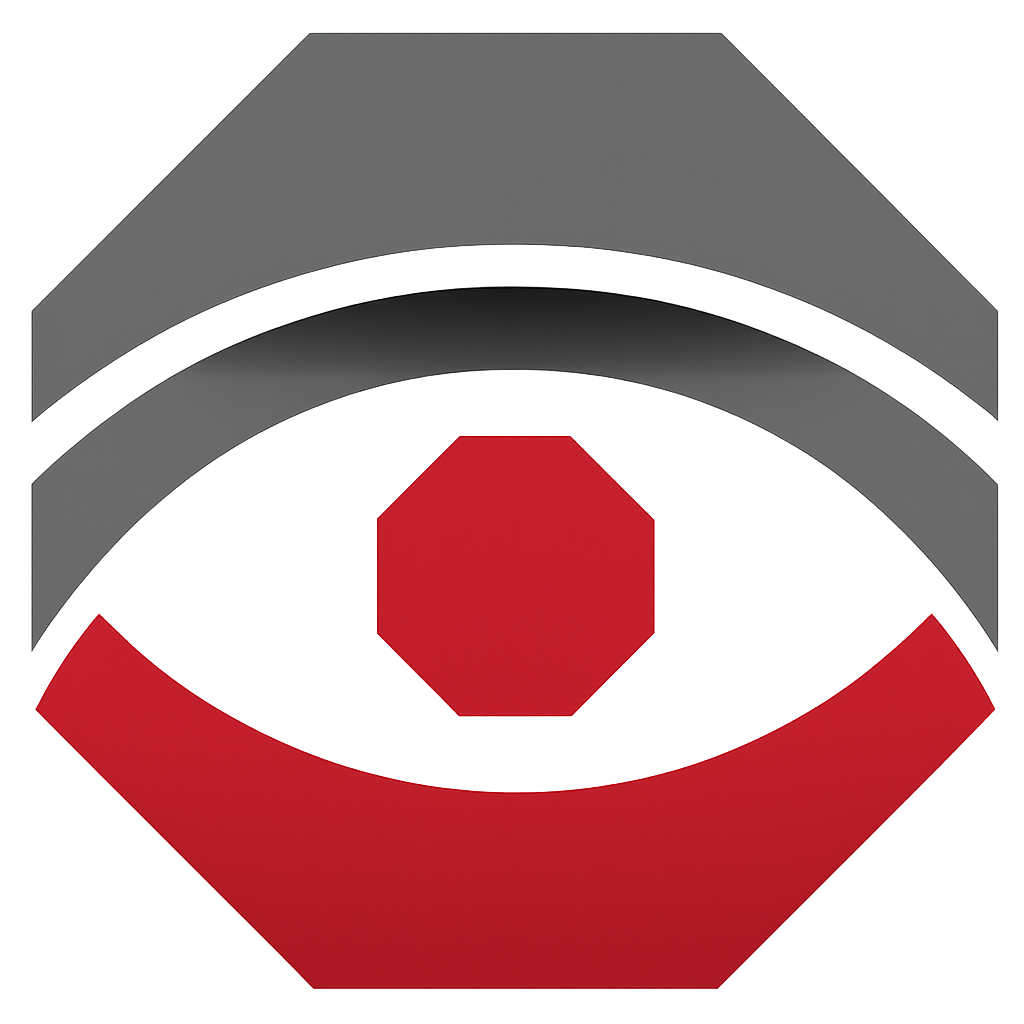 Logo for Octagon Security, featuring an eye composed of octagons in red and gray, with the company name and tagline.