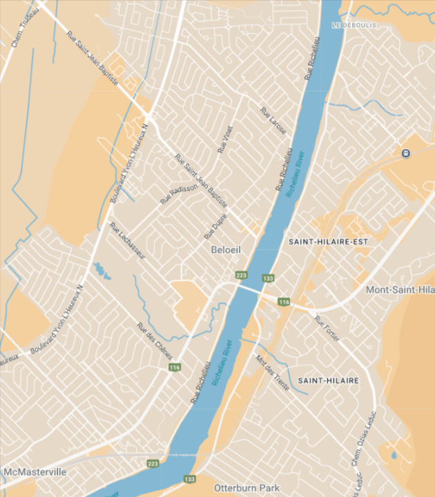 Une carte de Beloeil montre une rivière qui la traverse