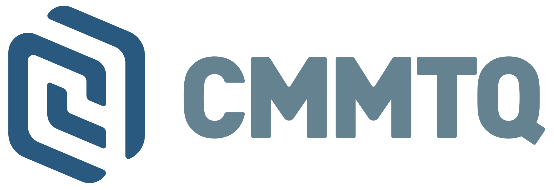 Le logo cmmtq est bleu et blanc et ressemble à un hexagone.