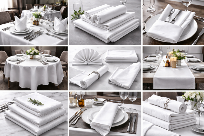 Collage met diverse arrangementen van witte stoffen servetten en tafeldekking voor een formeel diner.