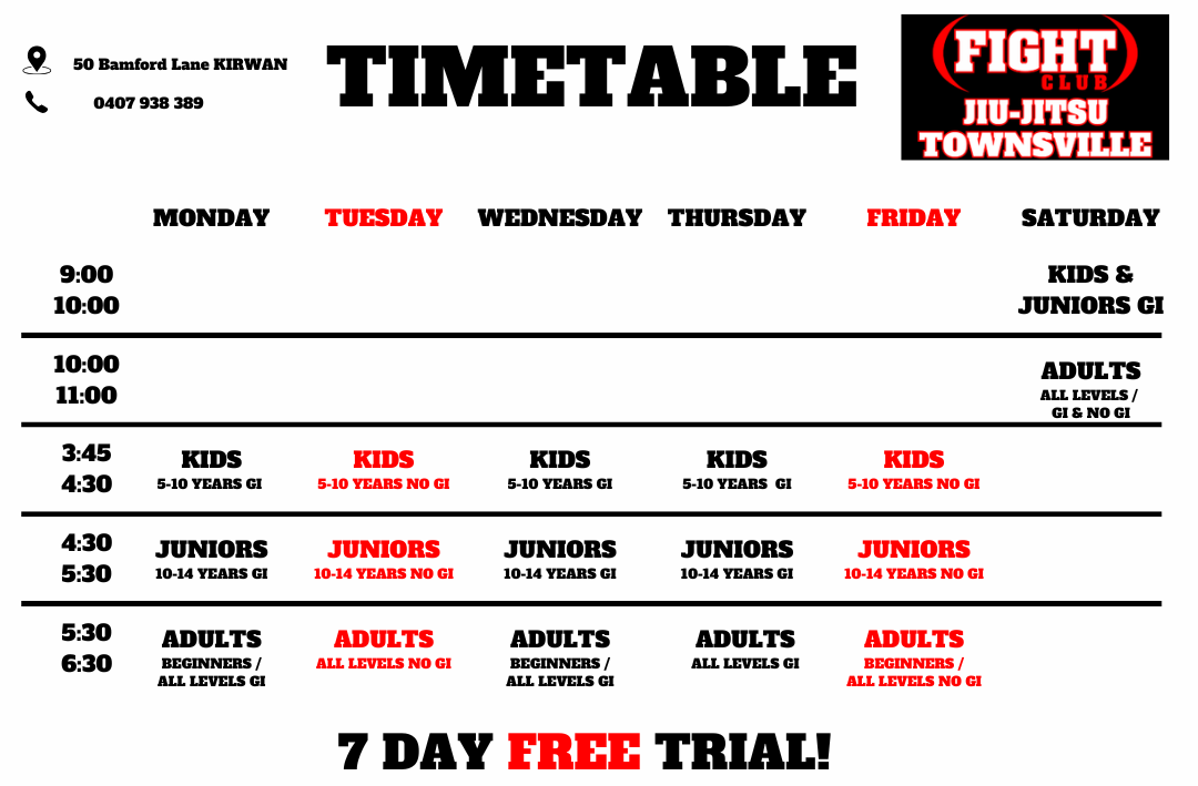 Timetable — Brazilian Jiu-Jitsu Classes in Townsville, QLD