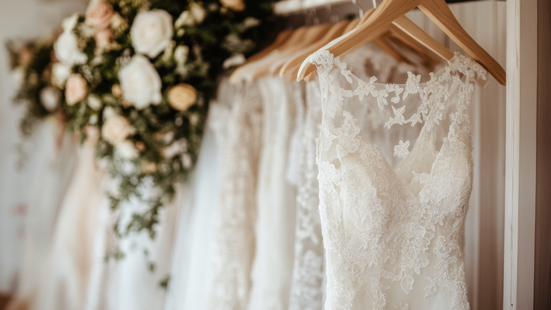 Bridal boutique showcasing soft ivory and blush gowns for October 2025 bridal trends