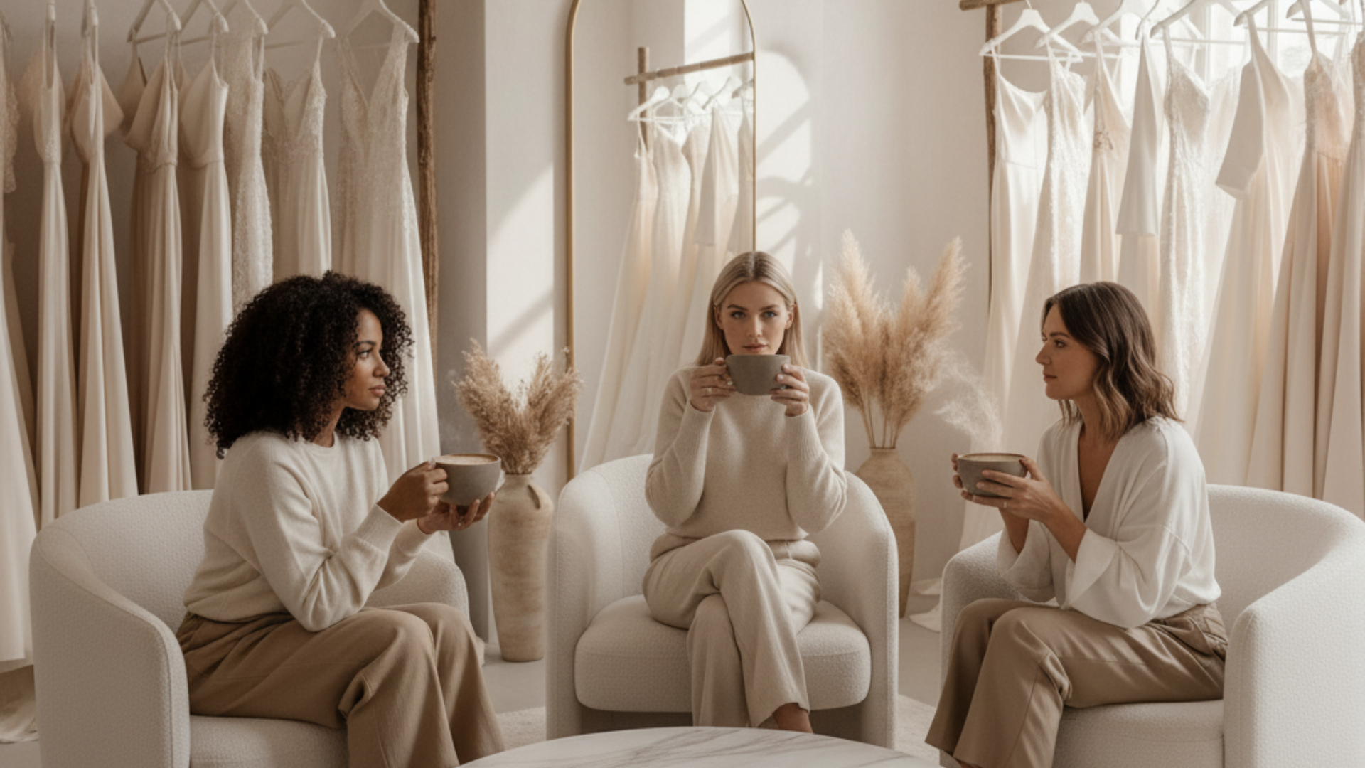 Bride sipping coffee while looking at dresses, showing personalized BridalLive service