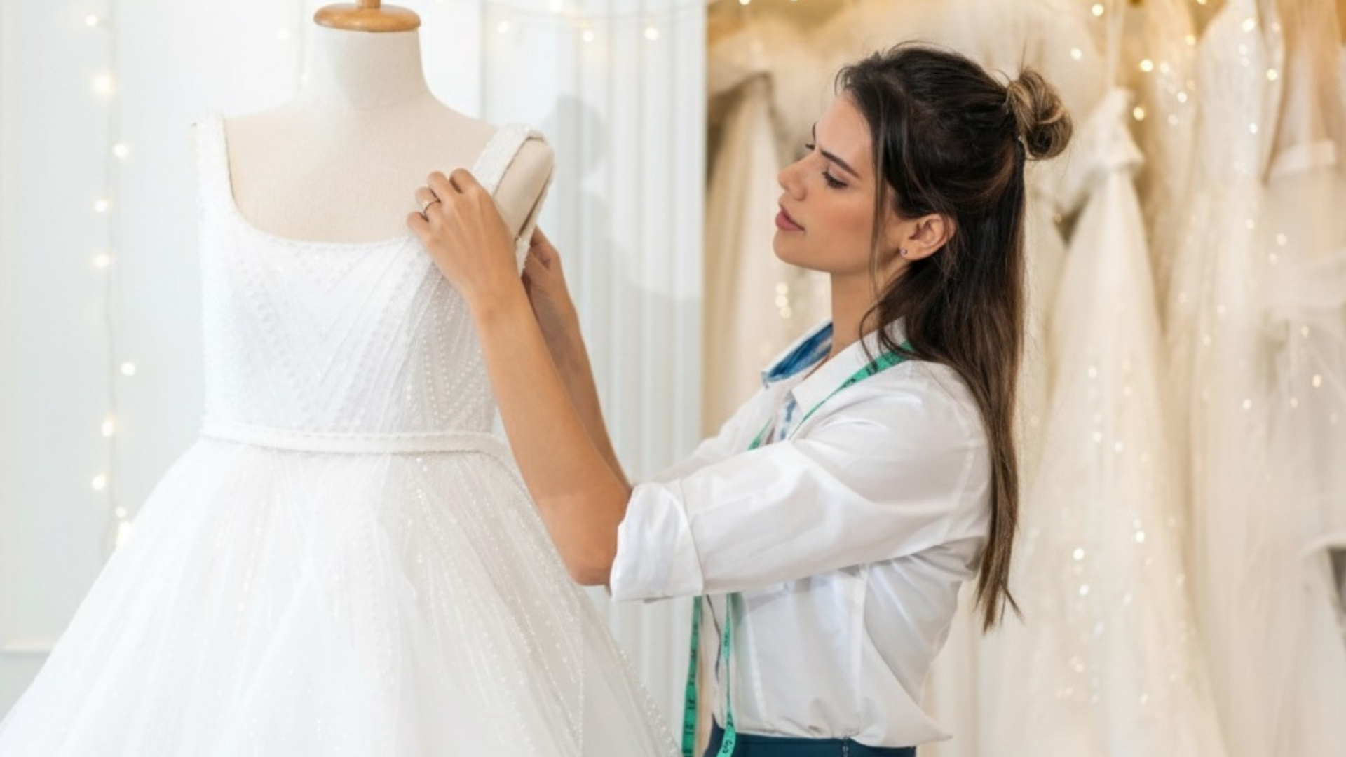 Boutique owner organizing gowns with BridalLive Software for holiday sales