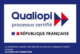 Un panneau bleu et blanc indiquant qualiopi processus certifie