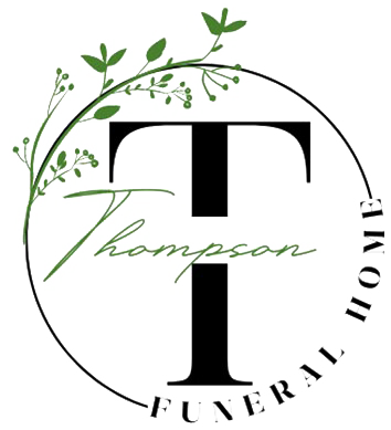 Logo for Thompson Funeral Home, black "T" with name in script, green foliage, black circle.