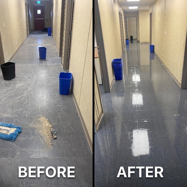 a before and after of VCT strip/wax project