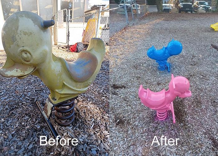 a before and after photo of a swing set in a playground .