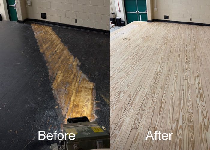 a before and after photo of a wooden floor in a room .