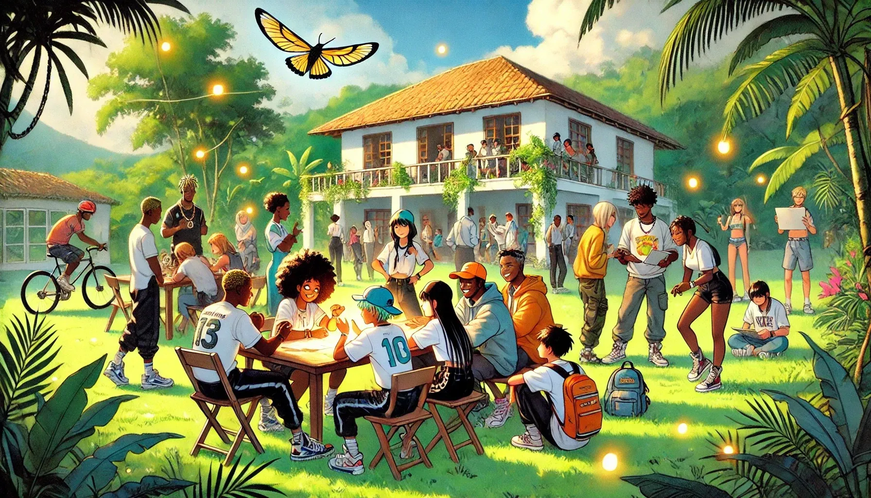 A group of diverse young people gather in a tropical yard, socializing near a large house.