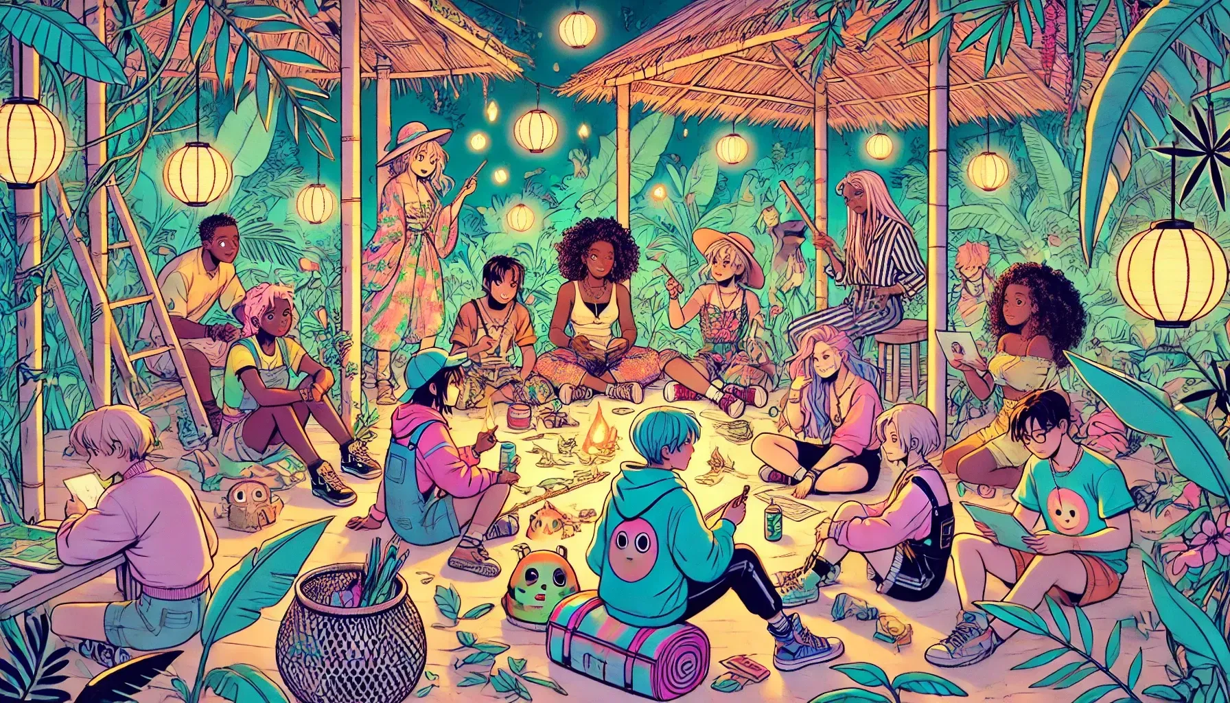 Group of diverse people gather in a lush, nighttime setting, illuminated by lanterns, socializing and relaxing.