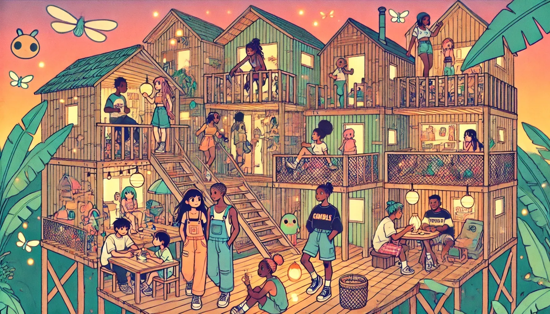 A multi-story wooden house with people on balconies, dining, and socializing, with an orange and pink sunset.