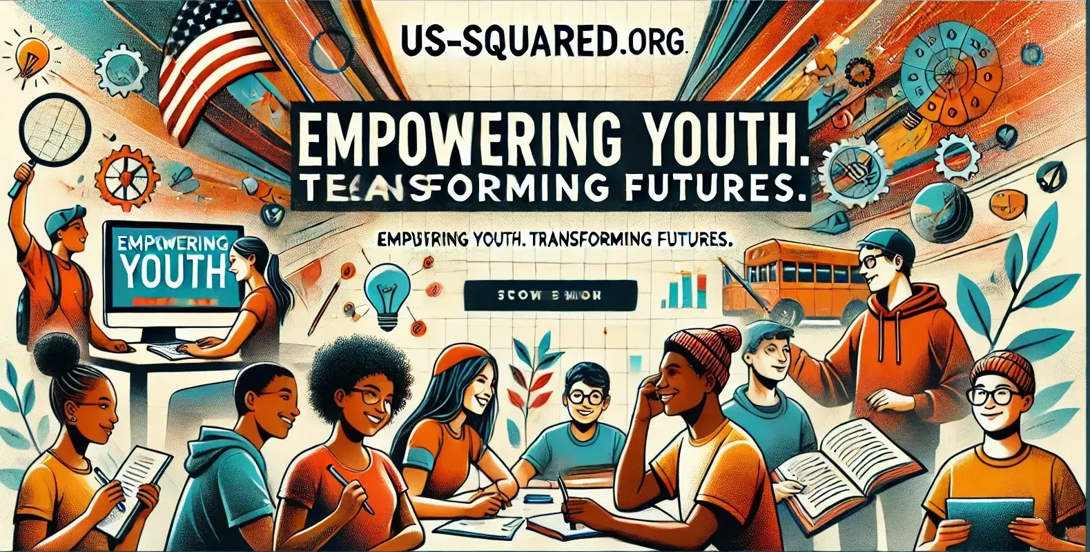 US-Squared.org graphic: diverse youth gather, US flag, empowering youth, transforming futures, education theme, colorful.