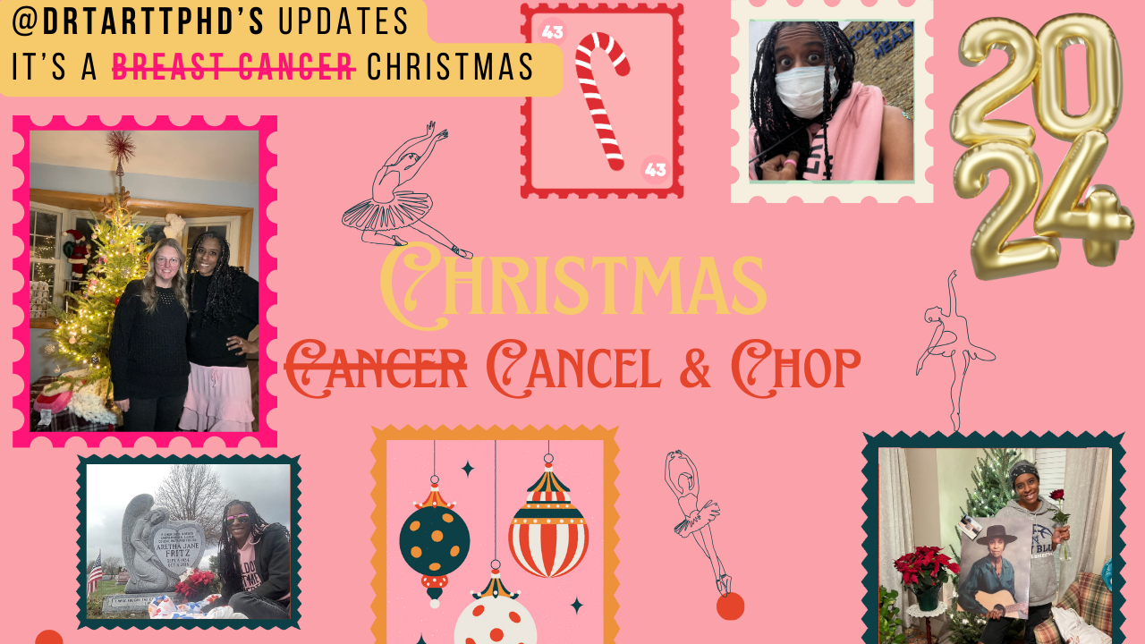 A pink background with a collage of pictures and the words `` christmas cancer cancel & chop ''