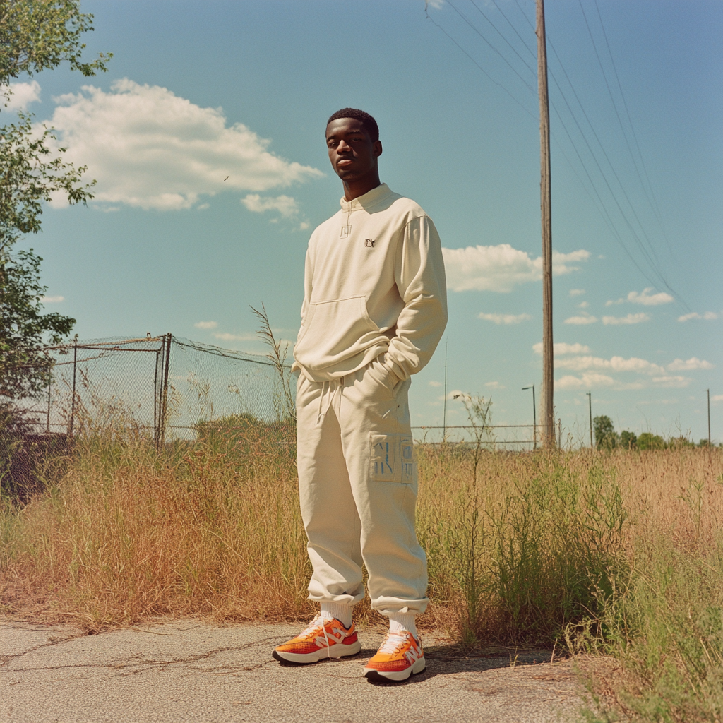 Man in cream-colored tracksuit and orange sneakers stands outdoors on a sunny day.