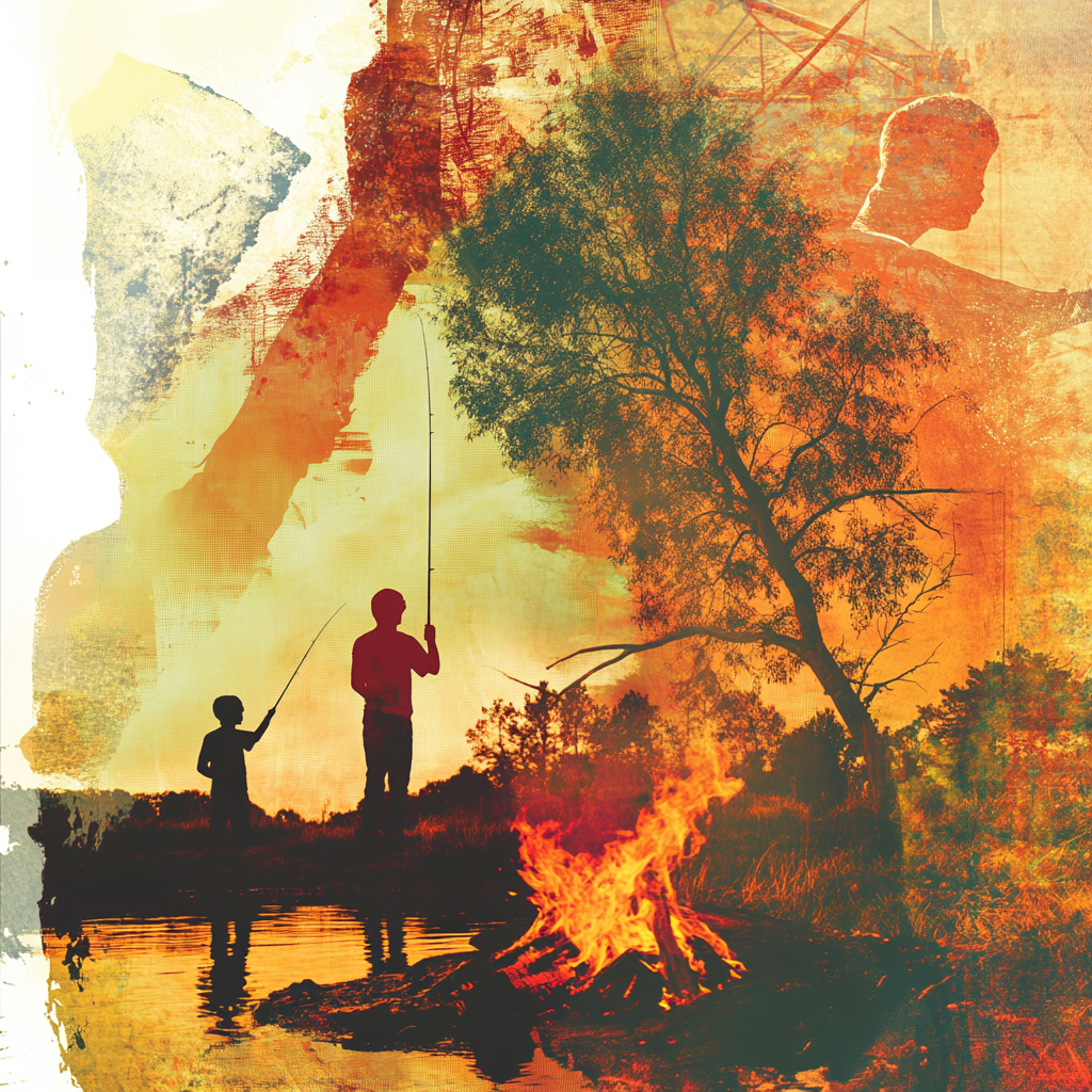 Silhouette of two people fishing; campfire and tree at sunset.