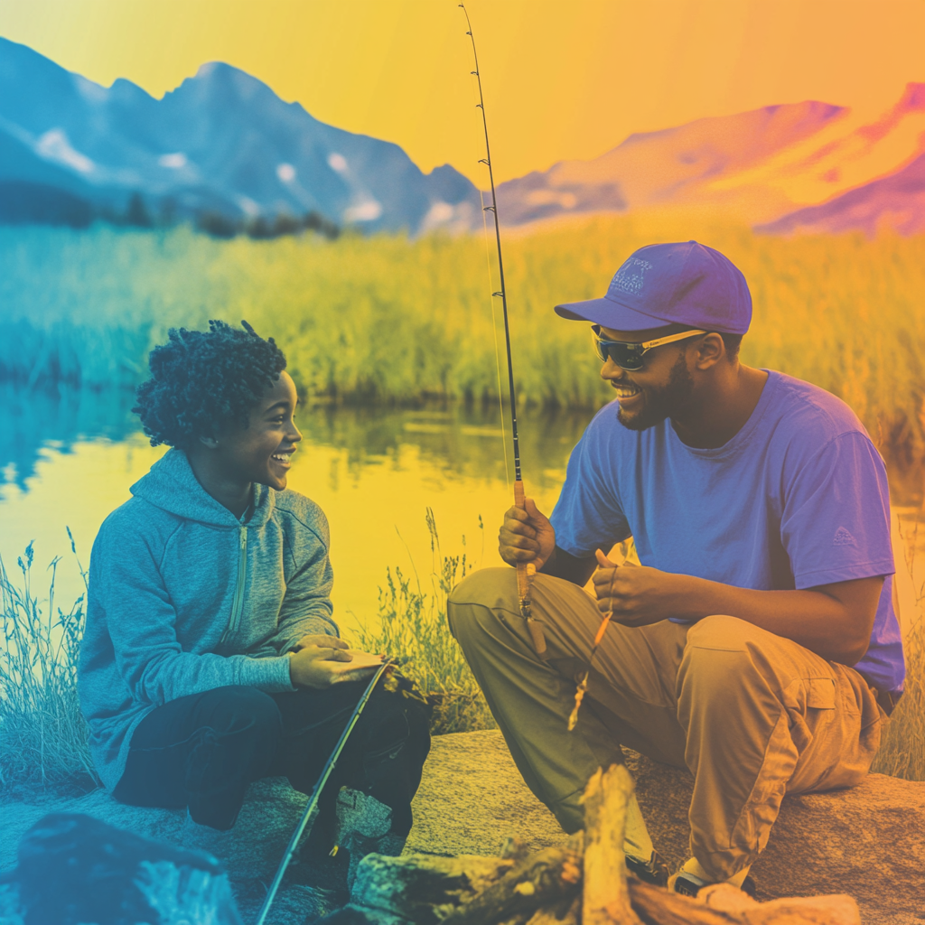 Father and child fishing and smiling near a lake, mountains in the background.