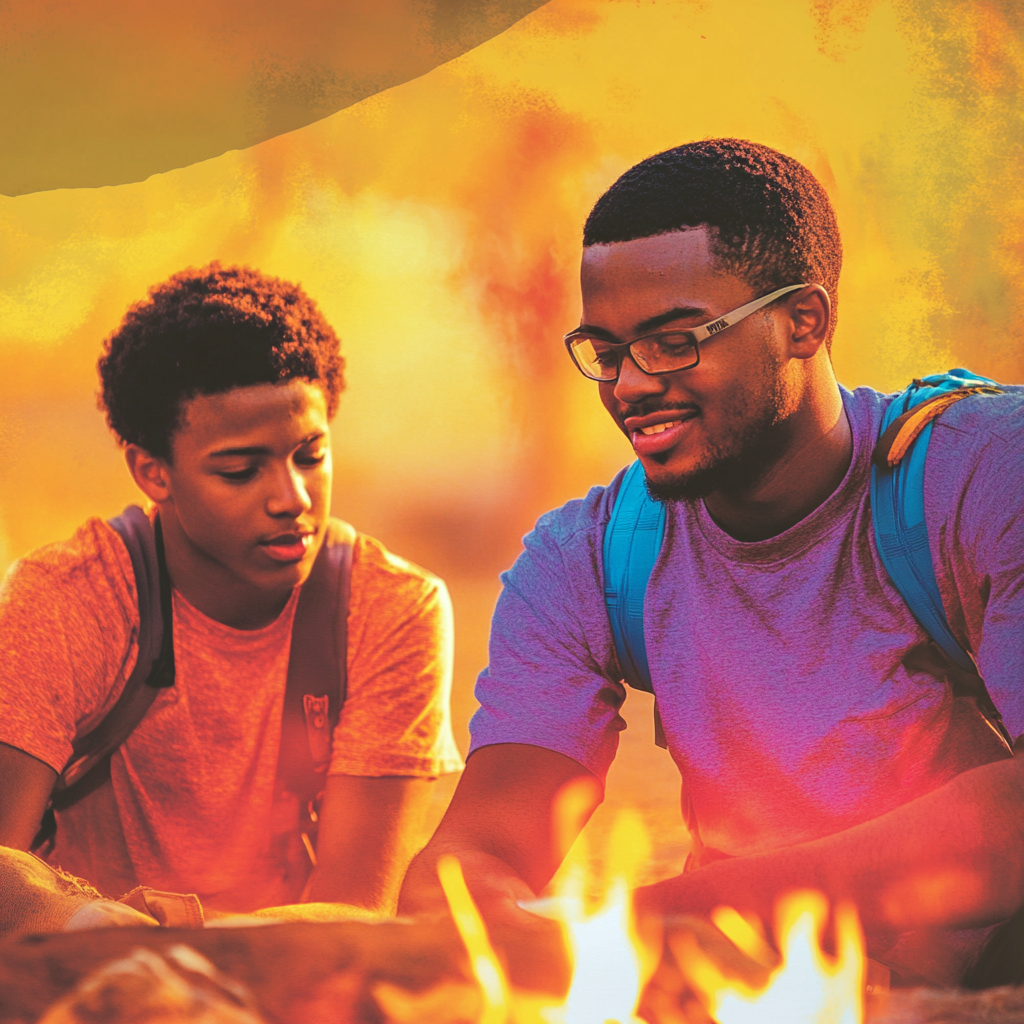 Two young Black men camping around a fire, one wearing glasses, smiling.