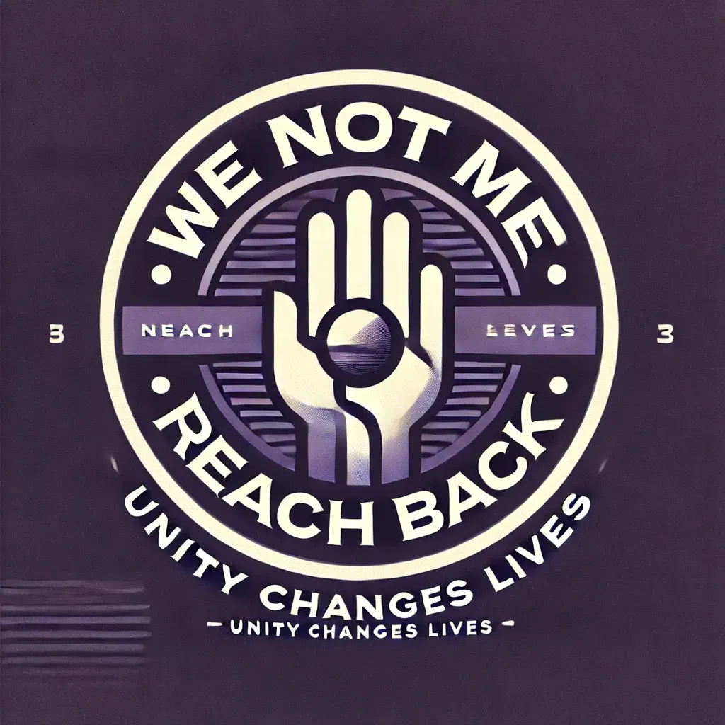 Circular logo with a hand reaching back. Text: