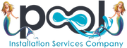 Logo of a pool installation company. The word "pool" is stylized with blue water elements and mermaids.