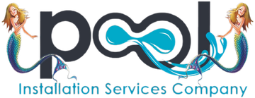 Logo of a pool installation company. The word "pool" is stylized with blue water elements and mermaids.