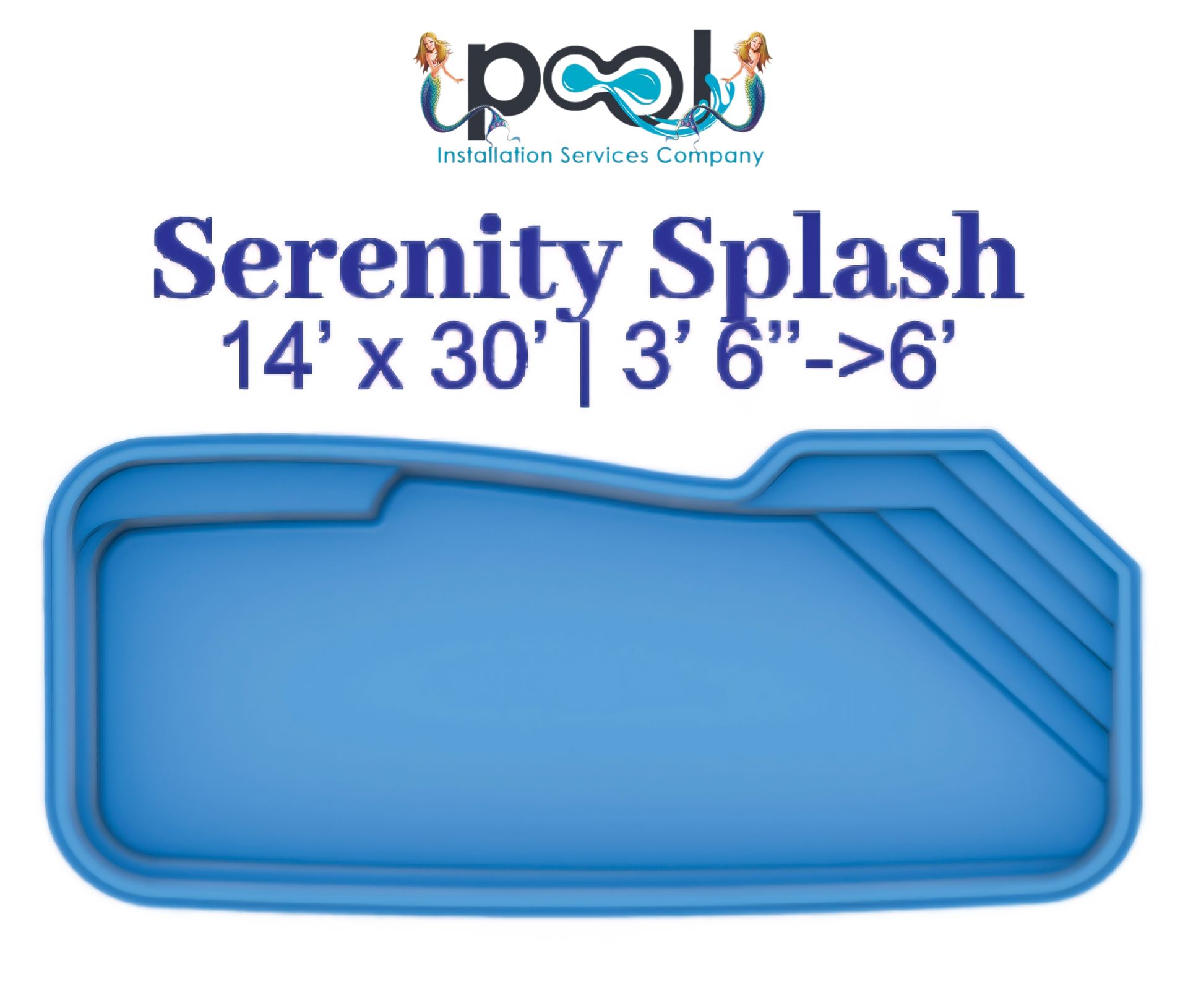 Blue pool with steps and dimensions: 14' x 30', depth 3'6