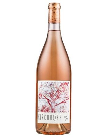 A bottle of rose wine (Rose of grenache) with a white label on a white background.
