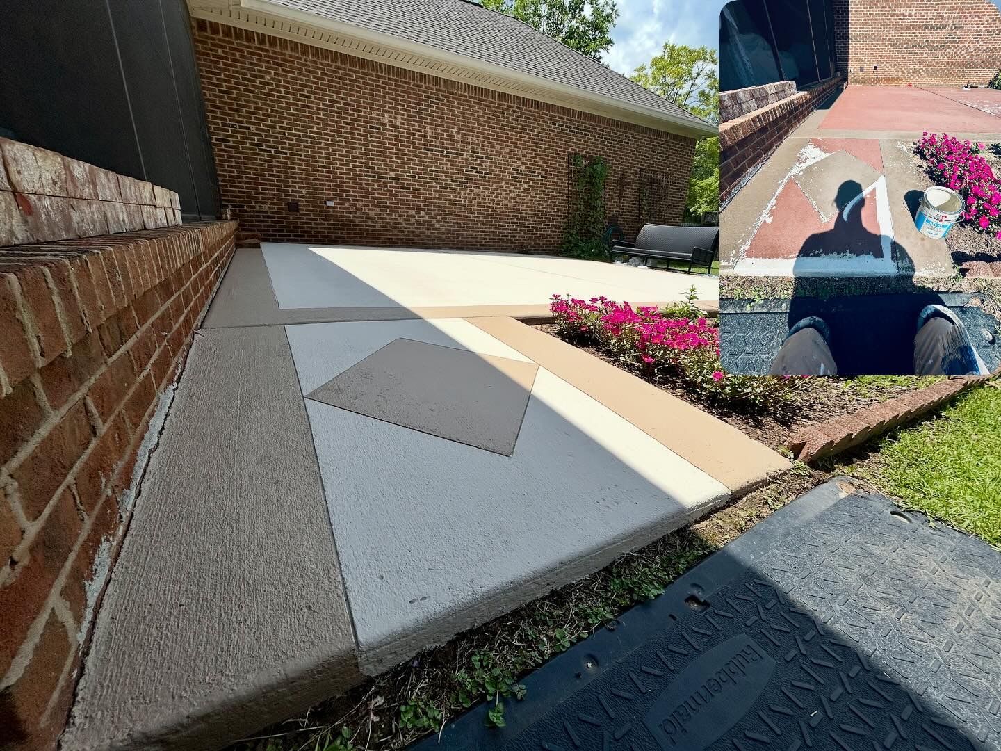 Concrete patio with geometric patterns, next to a brick wall, flowers, and inset photo of a person.
