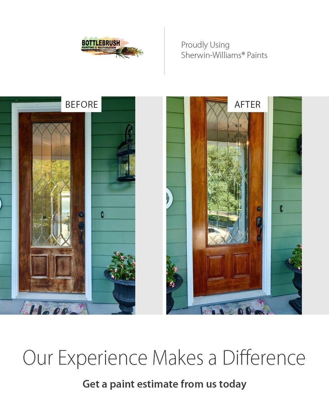 Before and after of a refinished wooden door, the right side is shiny and new.