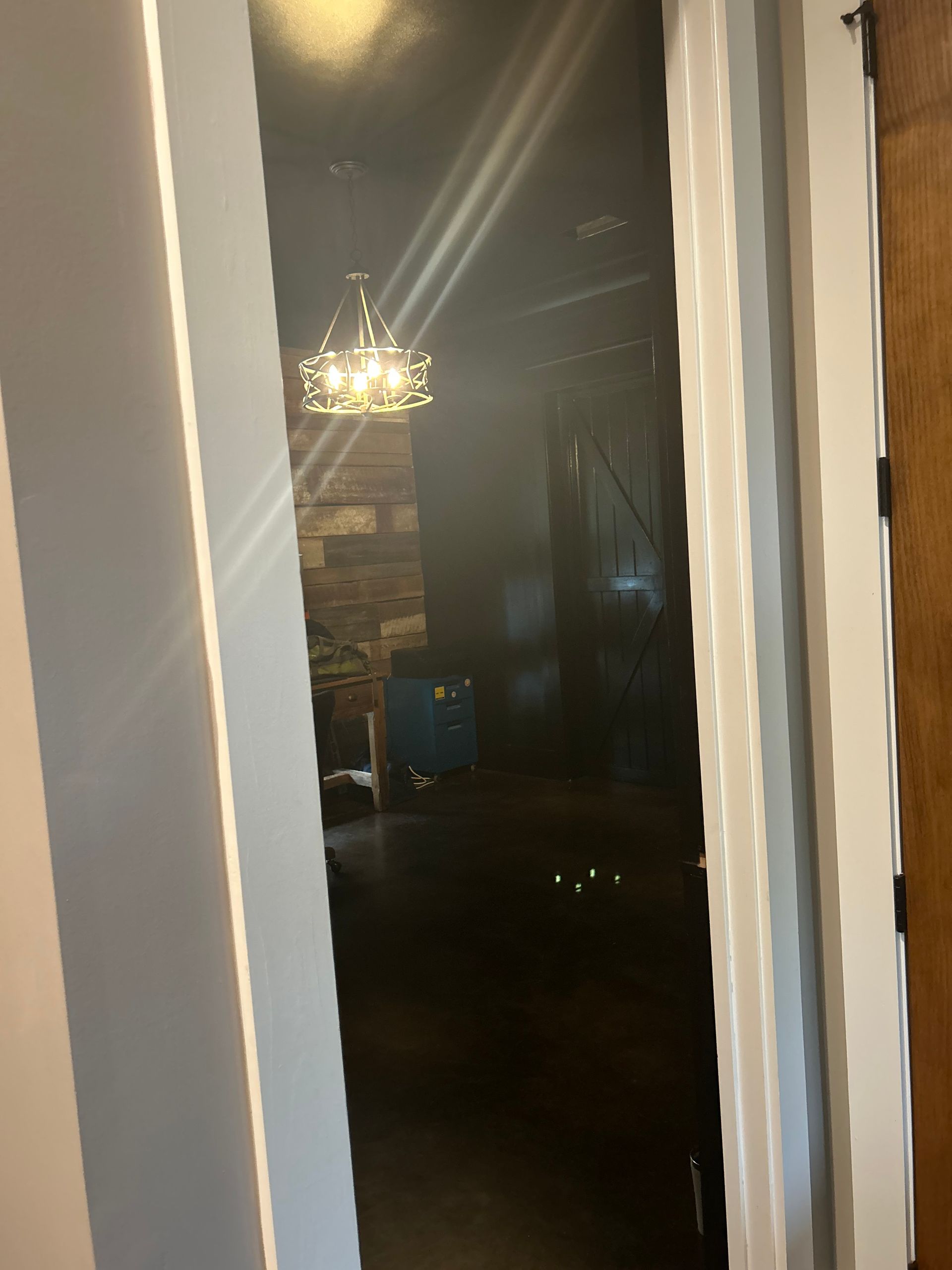 White door frame reveals a dim room with a chandelier, furniture, and reflective floor.
