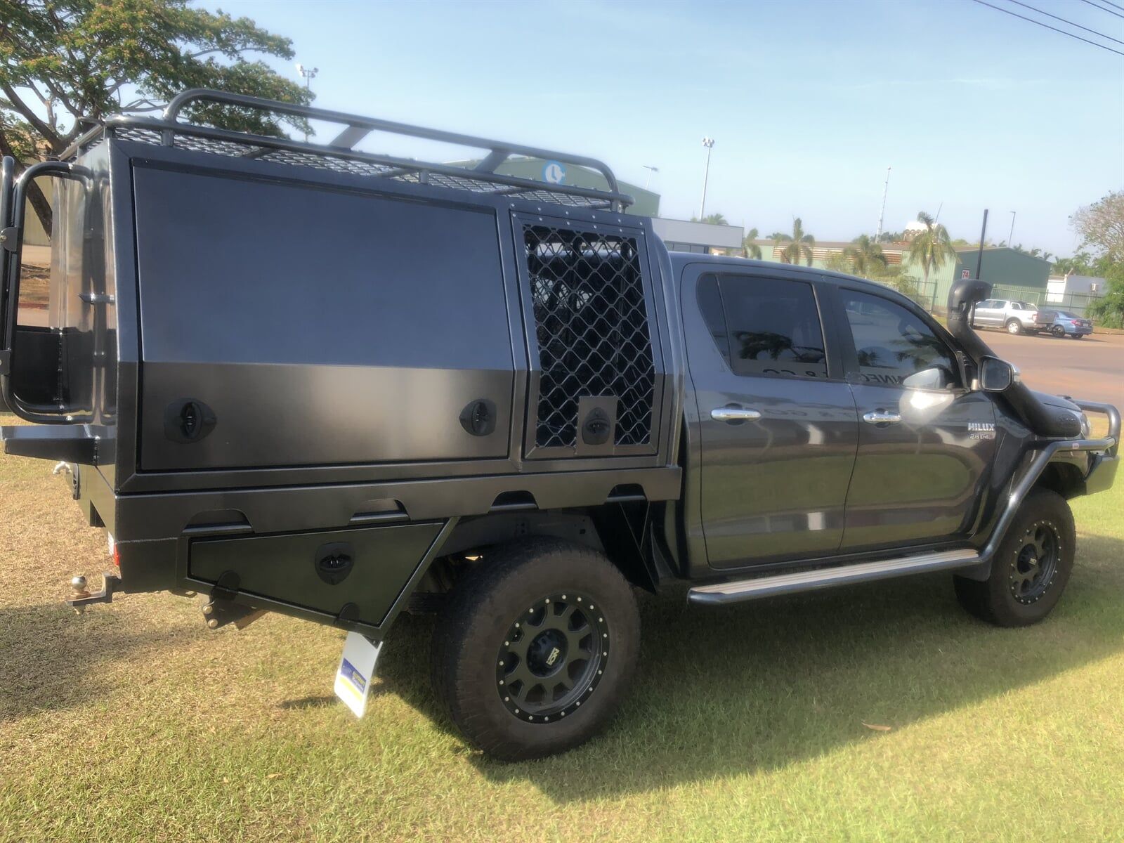 Hilux with custom black box — Allycraft Modifications Aluminum Welding Fabrication Canopy in Winellie, NT