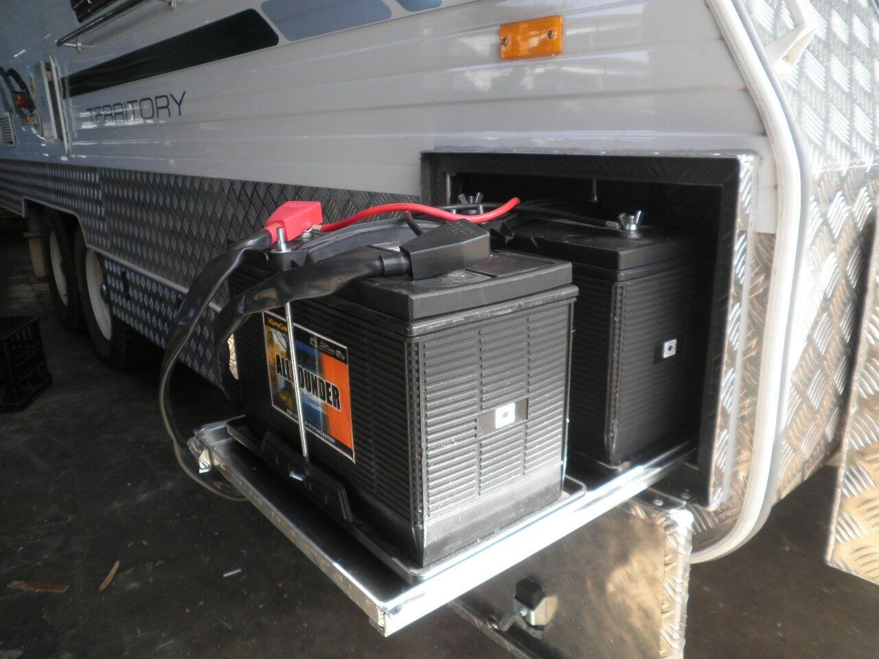 Caravan with battery — Allycraft Modifications Aluminum Welding Fabrication Canopy in Winellie, NT