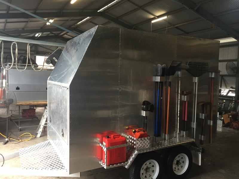 Custom built trailer with tools and fuels  at the side — Allycraft Modifications Aluminum Welding Fabrication Canopy in Winellie, NT