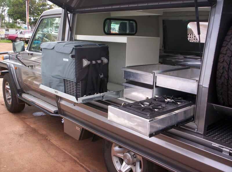 4x4 with cooking system at drawer — Allycraft Modifications Aluminum Welding Fabrication Canopy in Winellie, NT