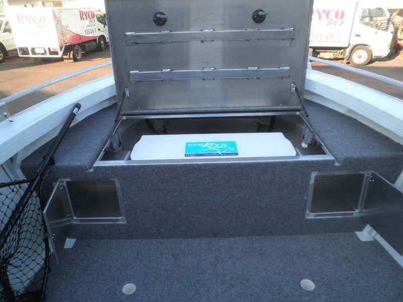 Opened storage system in boat — Allycraft Modifications Aluminum Welding Fabrication Canopy in Winellie, NT