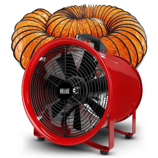 Red Industrial Fan with Orange Flexible Ducting — Superior Access Hire in Wynnum, QLD