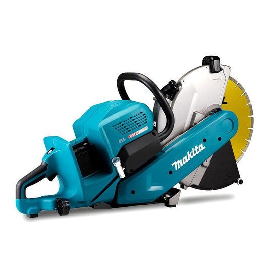 A Turquoise Makita Power Cutter with A Yellow Blade — Superior Access Hire in Wynnum, QLD